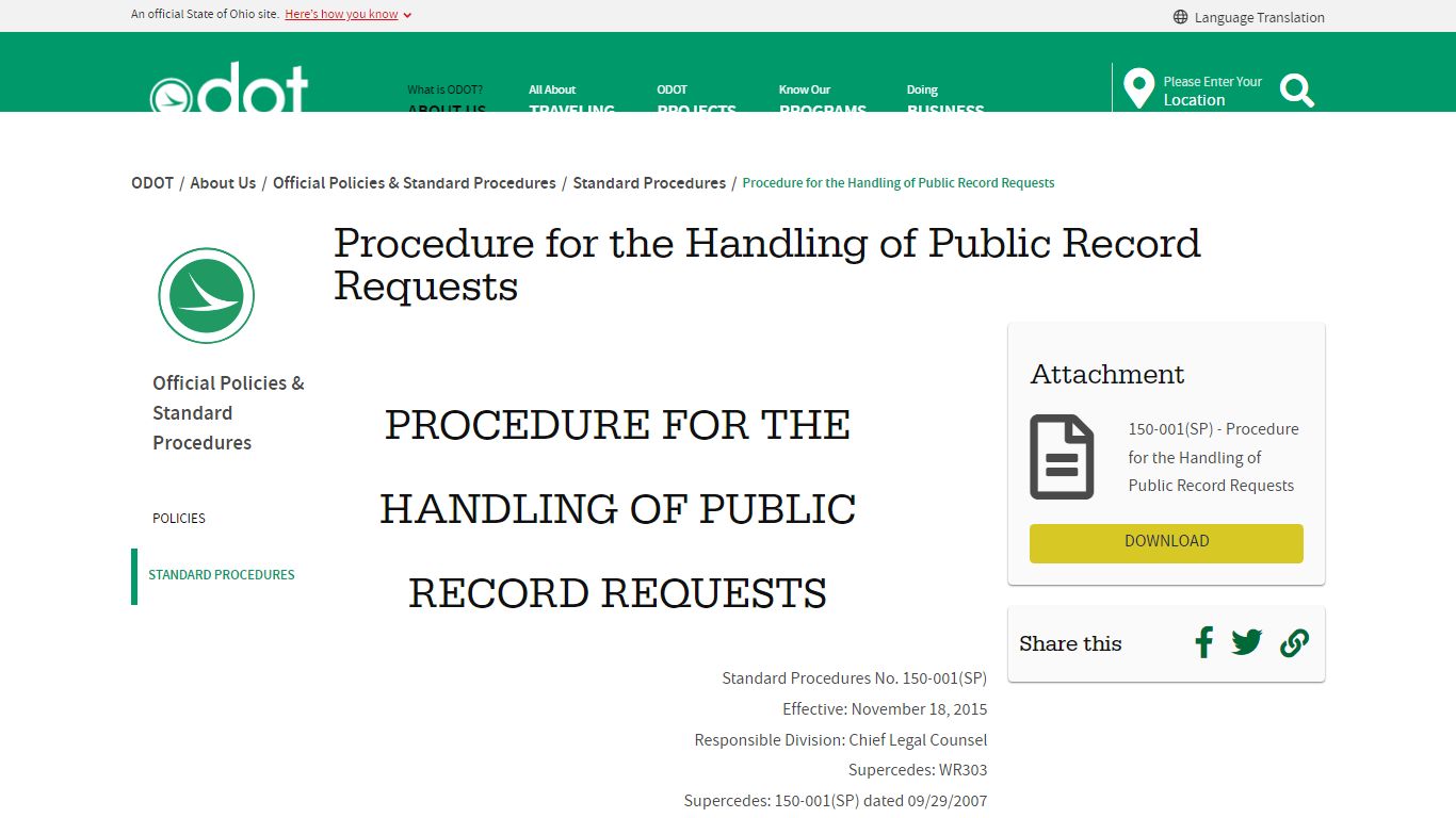 Procedure for the Handling of Public Record Requests - Ohio